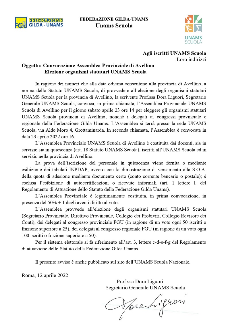 Assemblea provinciale UNAMS Scuola Avellino